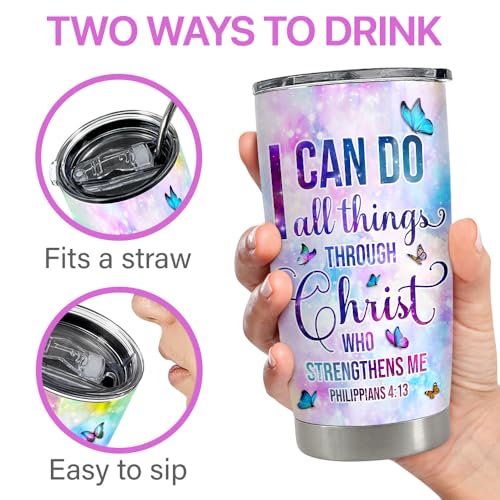 Christian Tumbler 20oz Stainless Steel Insulated Travel Mug Cup for Women Girls Inspiration Bible Verse Religious Gifts for Birthday Christmas - color: Christian
