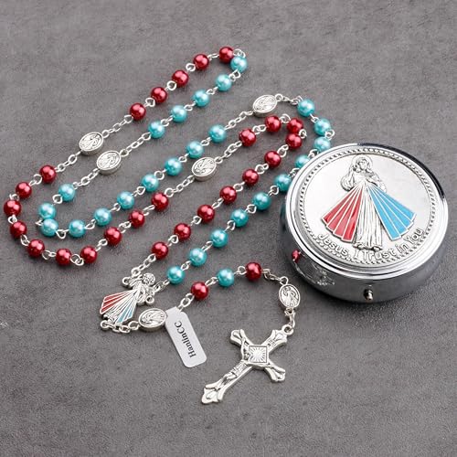 HanlinCC Divine Mercy Catholic Rosary Necklace with Steel Gift Box - color: Silver