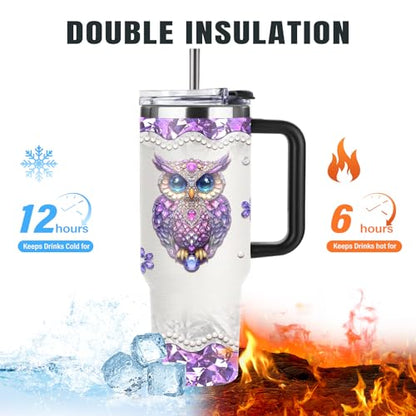 Christian Gifts for Women 40oz Tumbler - Insulated Travel Mug with Handle (Owl, 40 Ounces) - color: Purple