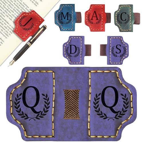 Custom Magnetic Bookmarks with Pen Holder, Personalized 26 Letters Name Initial Leather Bookmark, Leather Book Mark for Men Women Teachers, Readers Book Lovers Gifts (Purple, Q) - color: Purple, size: Q