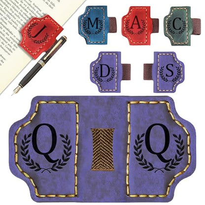 Custom Magnetic Bookmarks with Pen Holder, Personalized 26 Letters Name Initial Leather Bookmark, Leather Book Mark for Men Women Teachers, Readers Book Lovers Gifts (Purple, Q) - color: Purple, size: Q