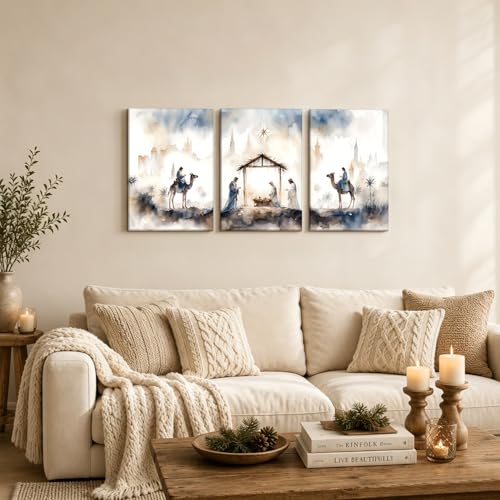 HCJWCXD Religious Wall Art Set of 3 Nativity Scene Canvas Prints 12x16Inch - color: Blue-gray, size: 12x16 Inches