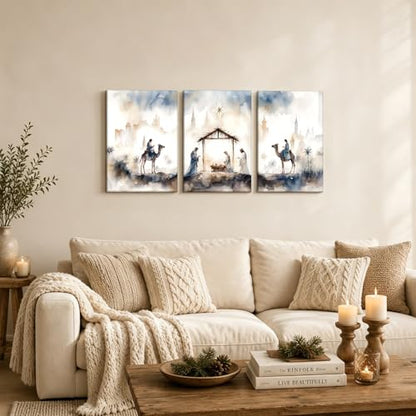 HCJWCXD Religious Wall Art Set of 3 Nativity Scene Canvas Prints 12x16Inch - color: Blue-gray, size: 12x16 Inches