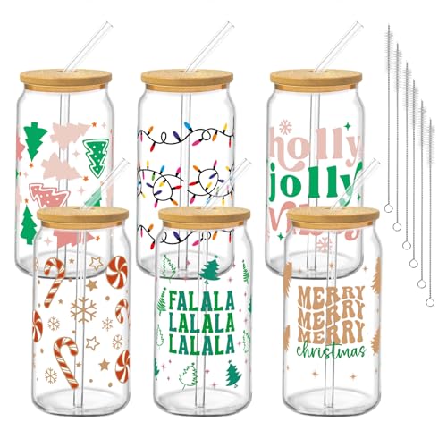 Glass Cups with Lids and Straws, 6Pack, 16oz, Christmas Candy - style: Gingerbread Tree