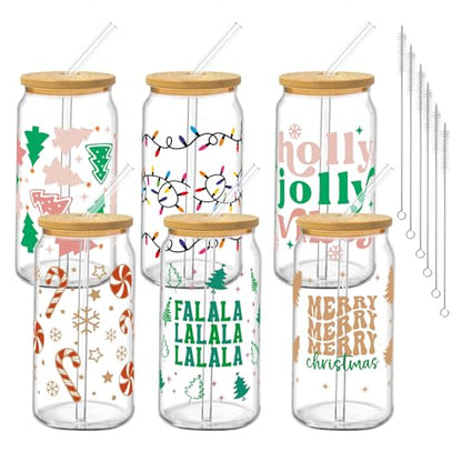 Glass Cups with Lids and Straws, 6Pack, 16oz, Christmas Candy - style: Gingerbread Tree