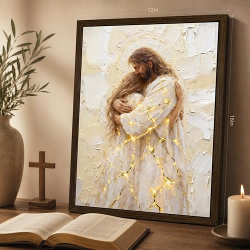INJOLLY Wood Framed Jesus Embrace Woman Christian Wall Art 12x16 in - color: Woman, size: 16"L x 12"W