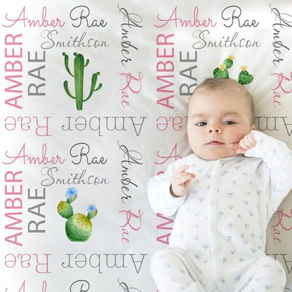 Personalized Blanket for Kids & Adults, Pink Cactus Baby Girl Name Blanket, Custom Desert Newborn Swaddle, Personalized Flannel Blankets Gift, Baptism, Monogram Fleece 30"X40" - color: Cactus Pink Desert