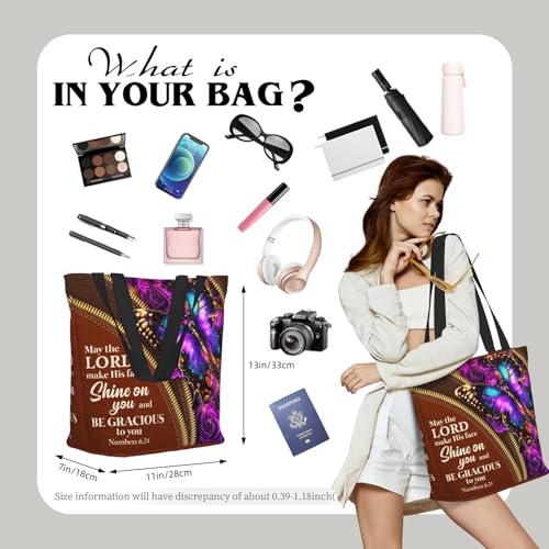 Bible Tote Bags for Women Christian Tote Bag Church Shoulder Bag Inspirational Bags With Zipper Christian Gift - color: The Lord Make His Face Shine