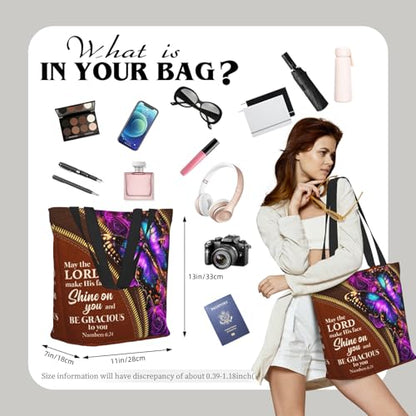 Bible Tote Bags for Women Christian Tote Bag Church Shoulder Bag Inspirational Bags With Zipper Christian Gift - color: The Lord Make His Face Shine
