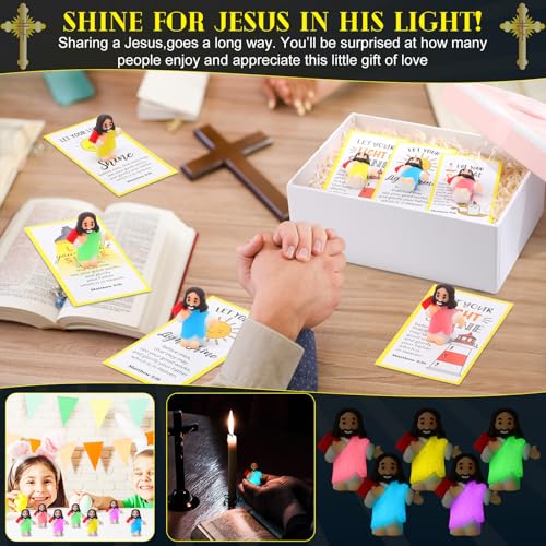 CroBlissful 30 Sets Mini Jesus Figurines Bulk Christian Glow in The Dark with Let Your Light Shine Cards for Christian Sunday School Religious Party Favor Halloween(Holding A Book) - style: Holding A Book
