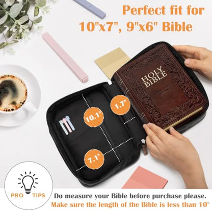 Large Bible Cover Case for Women and Men, 10x7 PU Leather Bible Sleeve, Compact Travel Bible Carrier Bag with Front Pen Holders, Zipper Closure, Inner Pockets - Black - color: Black, size: 10.12''x7''x1.8''
