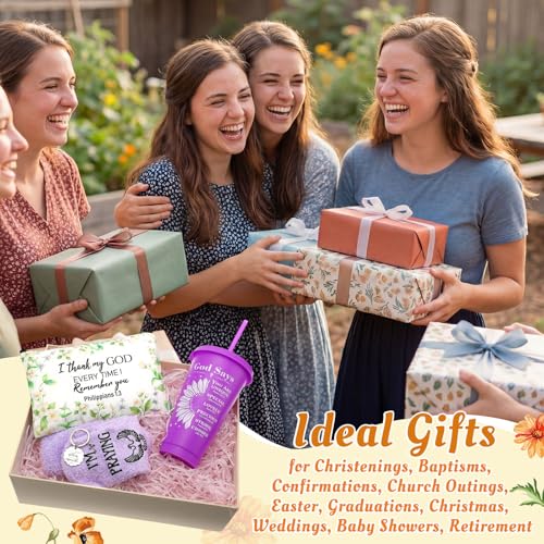 Funnymoom 24 Pcs Floral Christian Church Gifts Bulk for Women 24 oz Religious Plastic Tumbler Cup Bible Verse Makeup Cosmetic Bag Crew Sock Inspirational Keychain for Church Volunteer VBS Appreciation - style: Inspirational Christian