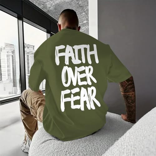 Christian Jesus Shirts for Men Faith Over Fear Shirt God Religious Bible Verse Inspirational Oversized Graphic Tees - color: Light Army Green, size: Large