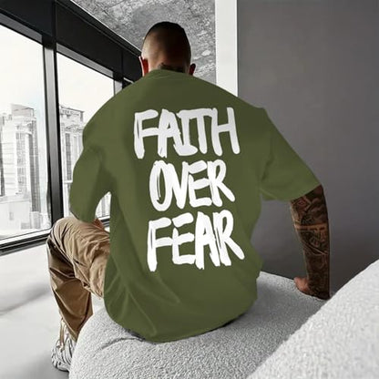 Christian Jesus Shirts for Men Faith Over Fear Shirt God Religious Bible Verse Inspirational Oversized Graphic Tees - color: Light Army Green, size: Large