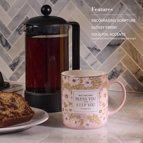 Christian Art Gifts Bless You and Keep You Ceramic Coffee Mug for Women - color: Lord Bless You/Pink Floral