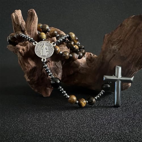 Bovemee Saint Benedict Medal Prayer Pocket Rosary Catholic Brown Wood Beads with Medalla de san benitol and Crucifix, 9 Inch - color: Nature stone Brown