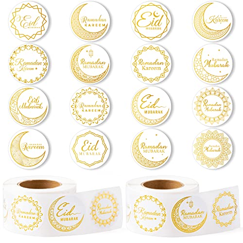 Ramada Eid-Al-Fitr Stickers Rolls - 1000pcs(2 Rolls)Gold Ramadan Eid Al Fitr Party Moon Pattern Round Sticker Roll Gift Tag Label Self-Adhesive Giftwrap Decal Gift Wraping Waterbottle Scrapbook - style: Ramada Eid-Al-Fitr
