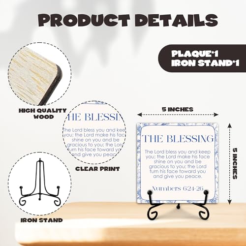 The Blessing Wooden Sign Decor, Numbers 6:24-26 Scripture Plaque, Rustic Wooden Plaque Sign With Iron Stand, Farmhouse Home Office Restroom Desk Shelf Decorations - style: Christian-C