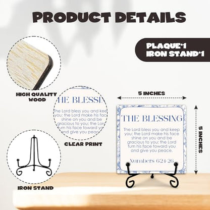 The Blessing Wooden Sign Decor, Numbers 6:24-26 Scripture Plaque, Rustic Wooden Plaque Sign With Iron Stand, Farmhouse Home Office Restroom Desk Shelf Decorations - style: Christian-C