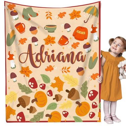 Custom Fall Blanket with Name Autumn Soft Cozy Harvest Blanket for Boys Girls Kids Adults Personalized Cute Warm Blankets Halloween Christmas Birthday Gifts - color: Autumu-03