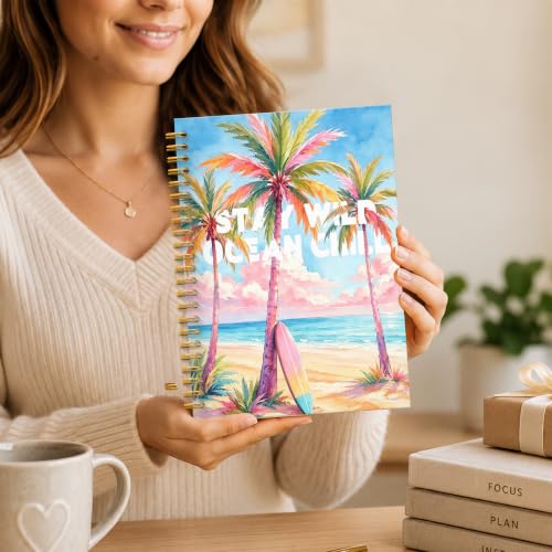 JMICTUB Pastel Summer Beach Coastal Spiral Notebook 5.5x8.3, Tropical Ocean Surfboard Palm Tree Hardcover Lined Journal for Kids - color: Spiral notebook-11