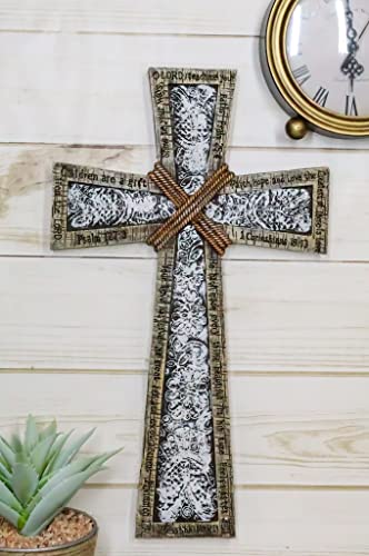Ebros Gift 16" Tall Rustic Western Faux Wooden Holy Bible Scriptures with Braided Ropes and Ornate White Lace Stencil Antique Design Decorative Wall Cross Hanging Decor Plaque