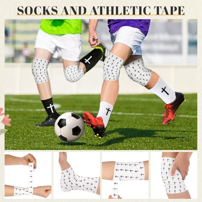 TrelaCo 2 Sets Cross Grip Socks with 2 Pcs Christian Athletic Tape Jesus Soccer Grip Socks Cotton Sports Athletic Tape Serrated Edges for Easter Gifts Football Baseball(Black White,Cross) - color: Cross