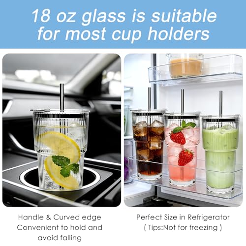Accguan 2Pack 20oz Ribbed Glass Tumblers with Lids and Straws, Smoothie Cup - size: 18oz without handle-2pcs