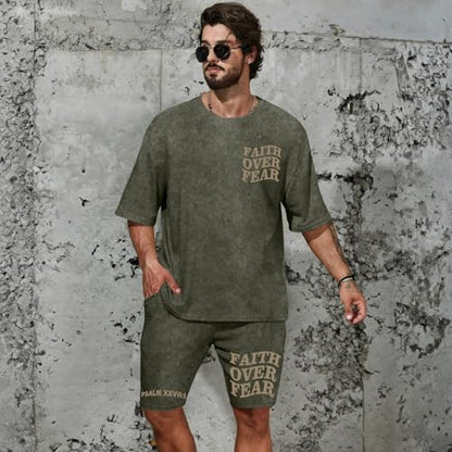 Men's Christian Shirt and Shorts Set Oversized Faith Over Fear T Shirt Washed Religious Bible Verse 2 Piece Outfits - color: Army Green, size: X-Large