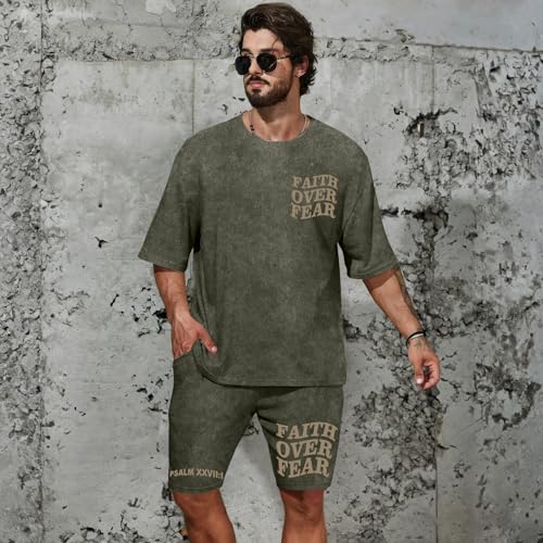 Men's Christian Shirt and Shorts Set Oversized Faith Over Fear T Shirt Washed Religious Bible Verse 2 Piece Outfits - color: Army Green, size: XX-Large