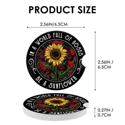 Car Coasters 2 Pack, Small 2.56" Stone Car Cupholder Absorbent Coaster Set for Women Men Drink Cup Holder Coasters (Sunflower&Roses) - color: Sunflower&roses