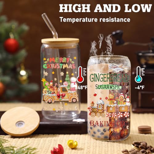 Teenyyou 12 Sets Christmas Glasses Cups with Bamboo Lid and Glass Straw, 16 oz Gingerbread Christmas Glass Jar Drinking Cups, Festive Snowman Elk Coffee Cup for Women Men Xmas Holiday Party Gifts - style: Gingerbread Man