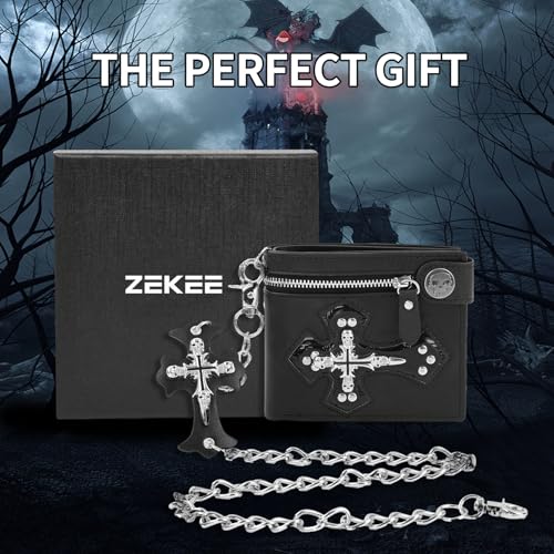 ZEKEE Skull Gothic Chain Wallet Leather Punk Bifold Halloween Goth Accessories Unisex (Jesus' Crucifixion Wide version) - style: Jesus' Crucifixion Wide Version