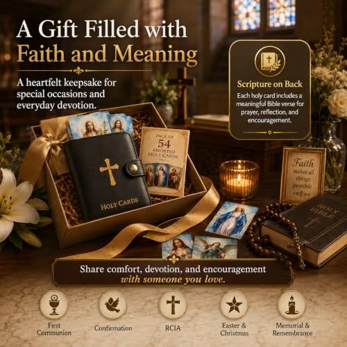 Catholic Prayer Card Holder, 54 Holy Cards with Scripture - color: Red