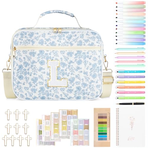 Personalized Initial Bible Cover Case for Women Bible Bag w/Study Supplies - color: Blue Flower, size: L