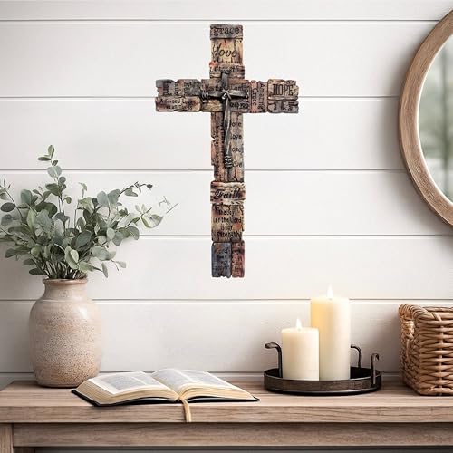 Top Brass Inspirational Rustic Wood-Look Wall Cross with Faux Iron Center – Resin Scripture Cross - Religious Sayings Jesus Art Sculpture