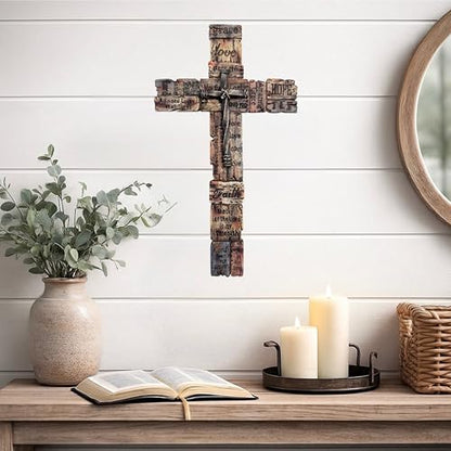 Top Brass Inspirational Rustic Wood-Look Wall Cross with Faux Iron Center – Resin Scripture Cross - Religious Sayings Jesus Art Sculpture