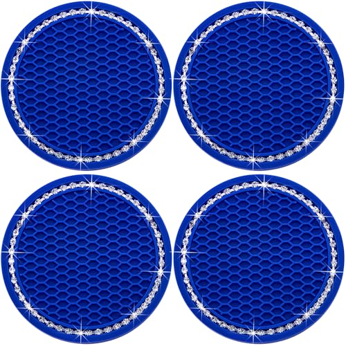 4PCS Bling Cup Holder Coaster, 2.75 Inch Auto Car Cup Holder Insert Coasters, Soft Silicone Anti-Slip Shockproof, Universal Vehicle Interior Accessories for Women Girls (Deep Blue & White) - color: Deep Blue & White, size: 4 pcs