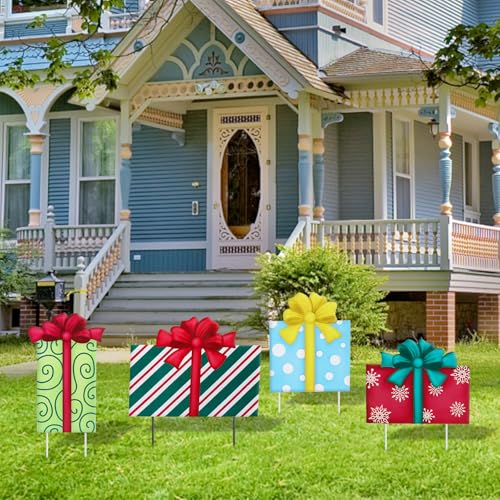 Christmas Yard Sign Decorations Outdoor Boxes Yard Signs with Metal Stakes for Xmas Holiday Party Lawn Sign Garden Decor Outdoor Yard Signs - style: Gift box