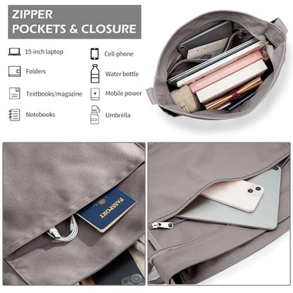 KALIDI Canvas Tote Bag Zipper Large Crossbody Shoulder Bag Messenger Bag - color: *Grey