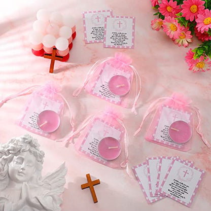 Roowest 50 Sets Baby Shower Tea Light Candles with Cards Bags Pink