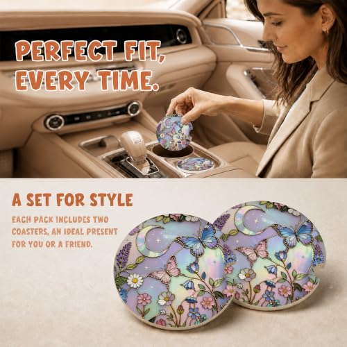 Butterflies Stained Glass Car Coasters, Dreamy Moom Floral Cup Holders, 24 - color: Butterflies Stained Glass