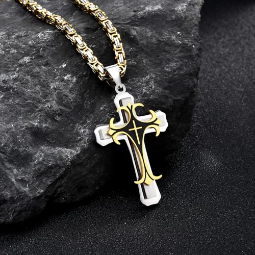 MEALGUET Stainless Steel Crucifix Cross Pendant Necklace,Men's Cross Necklace with Chunky Byzantine Chain/Rolo Chain, Gift for Men - style: Gold plated-byzantine chain