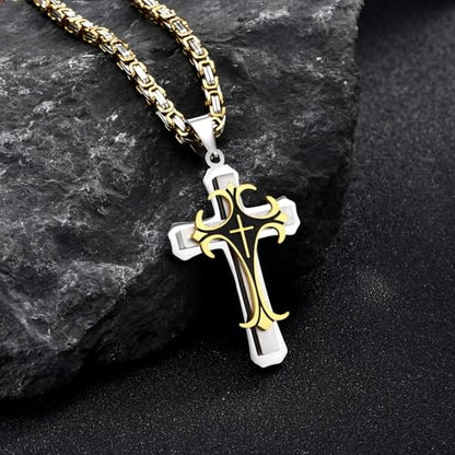 MEALGUET Stainless Steel Crucifix Cross Pendant Necklace,Men's Cross Necklace with Chunky Byzantine Chain/Rolo Chain, Gift for Men - style: Gold plated-byzantine chain