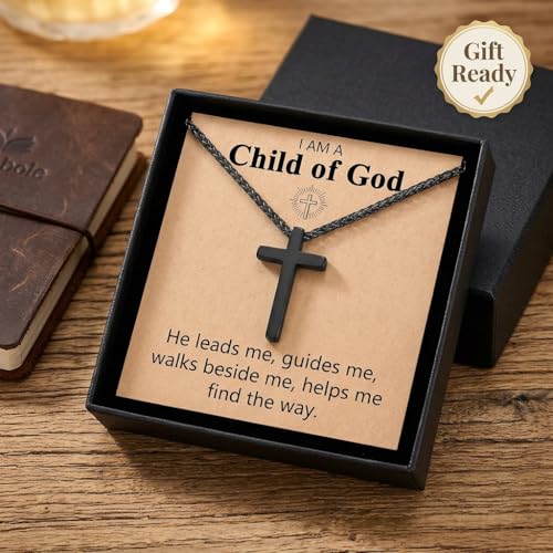 Stainless Steel Cross Necklace for Men, Philippians 4:13/Joshua 1:9/Isaiah 41:10 Scripture Pendant - Religious Baptism & Confirmation Gift for Husband,Teens 13+,Him - style: Child of God