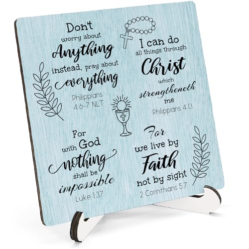 Blue Christian Wooden Sign Desk Decor, Inspirational Bible Verse Religious Wood Plaque Sign With Stand for Church Prayer Room Home Office Desk Table Shelf Decoration, 5x5 Inch - color: Blue Faith, size: 5x5x1.1 in