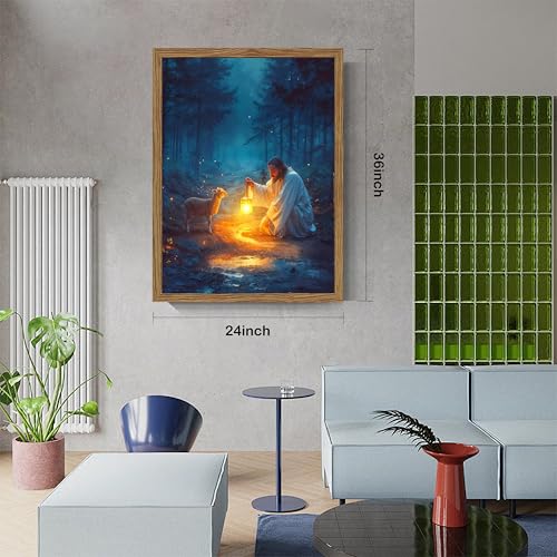 Framed Jesus Wall Art, The Good Shepherd Pictures Wall Decor, Jesus and Lost Lamb Lantern Forest Paintings Canvas Prints, Christian Faith Home Decor for Living Room Bedroom Church 24x36 Inch Ready to Hang - color: Jesus with Lantern and Lost Lamb, size: 3