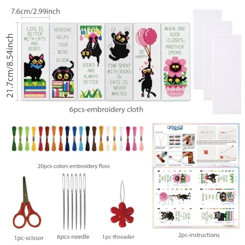 ORIGACH 6 Pcs Black Cat & Quote Cross Stitch Bookmark Kit for Beginners - style: Black Cats & Quotes