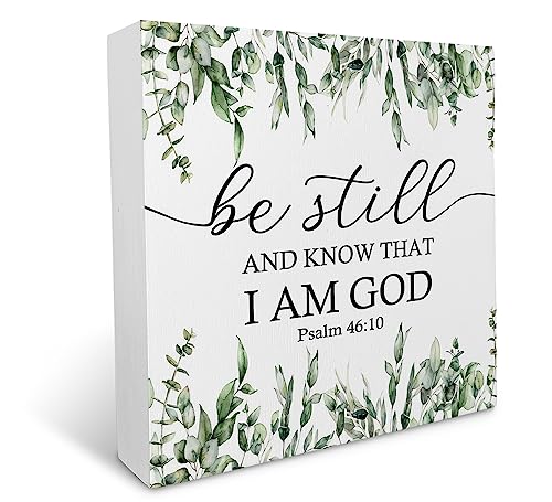 Christian Scripture PSALM 46:10 Be Still and Know that I am God Watercolor Eucalyptus Leaves Wood Box Sign Rustic Farmhouse Style Wood Block Plaque Decor for Home Church Wall Desk Shelf Decoration - color: Be Still and Know That I Am God