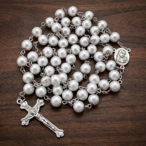 Nazareth Store Wedding White Pearl Beads Rosary Handcrafted Prayer Necklace with Holy Soil Medal and Jesus Cross Crucifix - size: Large